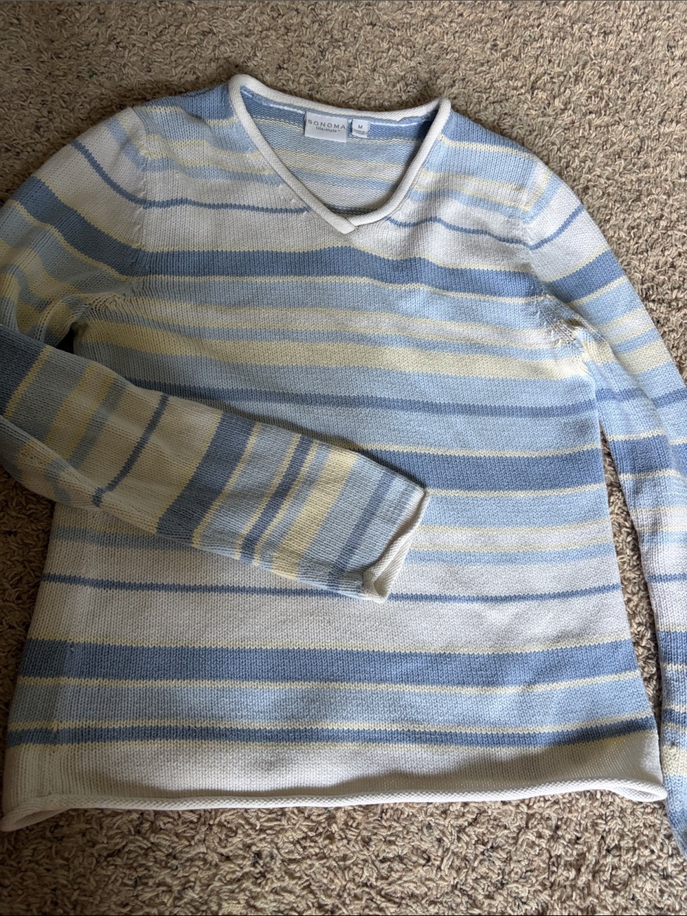 Sonoma Men's V-Neck Striped Sweater - Light Blue & Cream